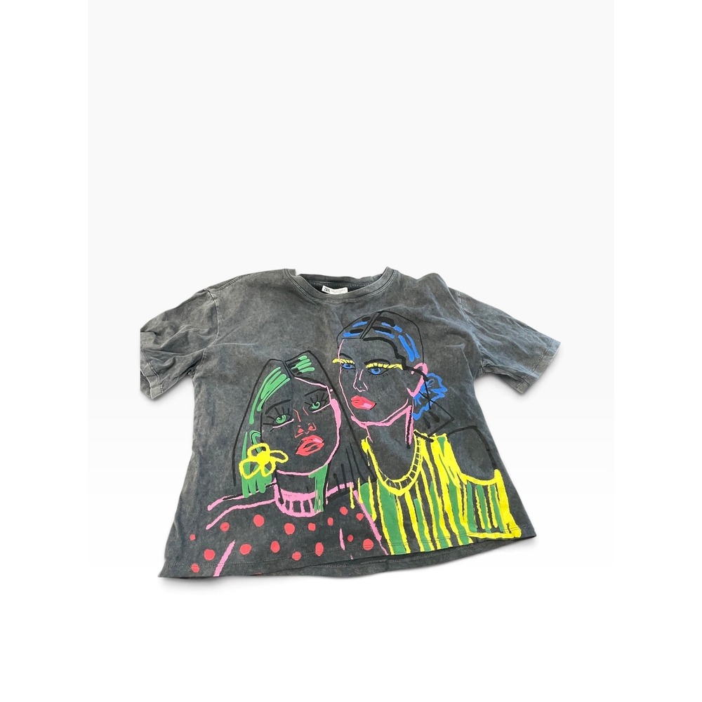 Zara T-Shirt Womens Medium Gray Acid Wash Neon Pop Art Graphic Tee